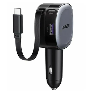 АЗУ UGREEN EC601 (55653) 75W 2*USB-C PD+USB-A Fast Car Charger с выдвижным кабелем, серый